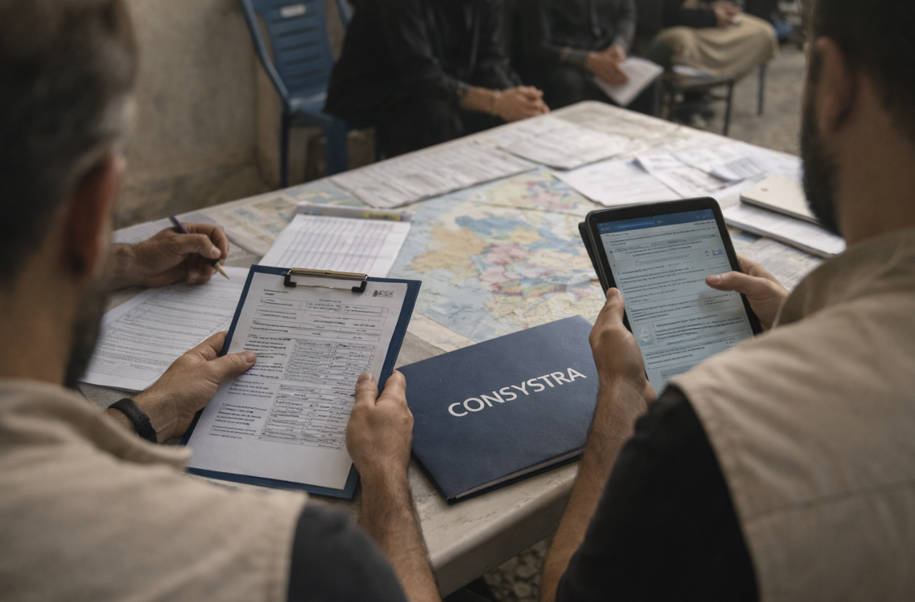 Two individuals engaged in a meeting, reviewing documents and using a tablet, with a map and additional papers on the table.