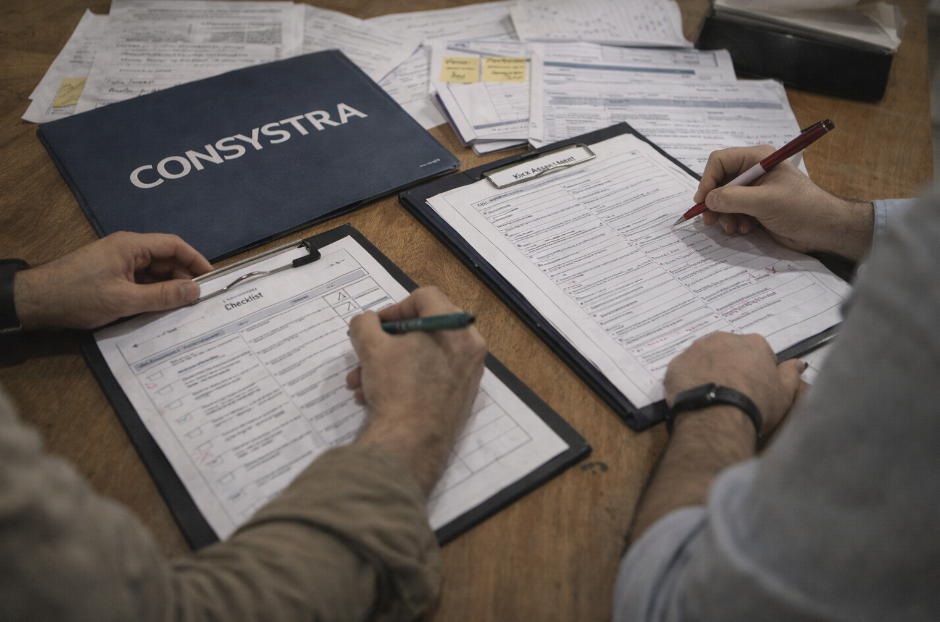 A close-up of two people working on checklists and documents on a wooden table, with one holding a pen and the other a green marker, and a folder labeled 'CONSYTRA' in the background.