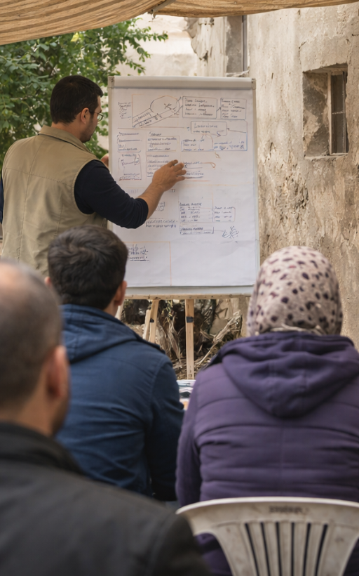 A trainer points to a whiteboard filled with notes and diagrams while a small audience observes, seated outdoors near a weathered wall. The training is provided by CONSYSTRA.