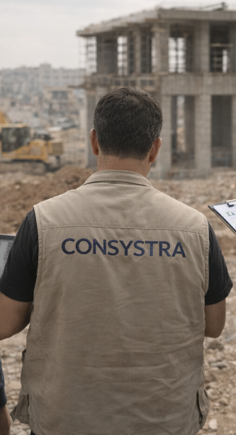 A construction worker wearing a beige vest with the logo 'CONSYSTRA' on the back, facing towards a building site under construction.